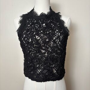 Zara Black Halter Sheer Lace Embroidered Sleeveless Crop Top Sz S